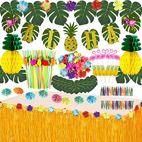 JOPHMO Tropical Luau Party Decoration Pack Hawaiian Beach Theme Party Favors Luau Party Supplies (112 PCS) including Banner, Table Skirt, Straws, Flamingo, Pineapple Décors.