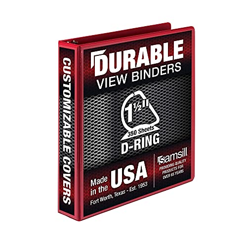 Samsill Durable 1.5 Inch Binder, Made in the USA, D Ring Binder, Customizable Clear View Cover, Red, Holds 350 Pages