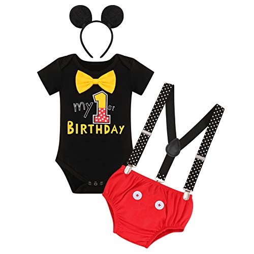 Mouse First Birthday Cake Smash Photo Props Outfit Baby Boy Romper Suspenders Shorts Diaper Cover Headband Halloween Mouse Themed Party Supply Gentleman Suit Black + Red - My 1st Birthday 9-12 Months