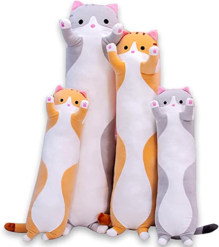 Cute Cat Plush Long Body Pillow Cuddle Cartoon Stuffed Animals Cat Plushie Soft Doll Pillows Gifts for Kids Girls(Gray, 35 Inches), 1 Count (Pack of 1)