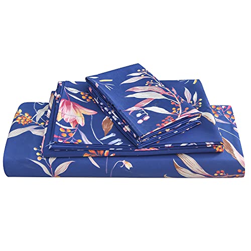 JSD Navy Blue Floral Print Sheet Set Queen, Botanical Soft Microfiber Bedding Sheets Extra Deep Pocket 4 Piece