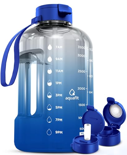 AQUAFIT 1 Gallon Water Bottle with Time Marker - Straw & Chug Lid - Big Water Bottle with Straw - BPA Free Gym Water Bottle with Handle - Gallon Water Jug (128 oz, Blue Skies)