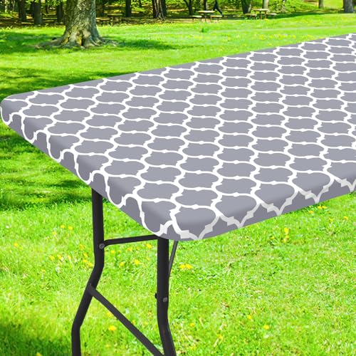 smiry Rectangle Picnic Tablecloth, Waterproof Elastic Fitted Table Covers for 6 Foot Tables, Wipeable Flannel Backed Vinyl Tablecloths for Camping, Indoor, Outdoor (Grey Morocco, 30x72 Inches)