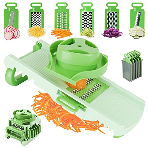 Mandoline Slicer, Genteen 6 in 1 Mandoline Vegetable Slicer Foldable Grater for Kitchen Multi Blade Potato Veggie Slicer Mandoline Adjustable Hand Held Mandolin With Extra Blade Caddy