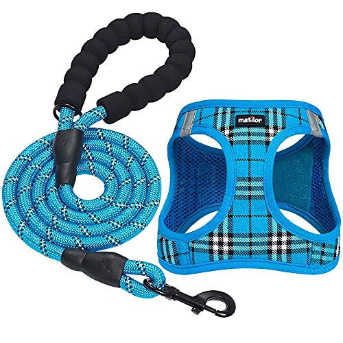 matilor Dog Harness Step-in Breathable Puppy Cat Dog Vest Harnesses for Small Medium Dogs Blue Plaid