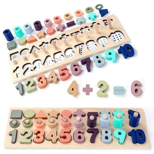 BEKILOLE Wooden Number Puzzle for Toddler Activities - Montessori Toys for Toddlers Shape Sorting Counting Game for Age 3 4 5 Year olds Kids - Preschool Math Learning Toys for Toddlers