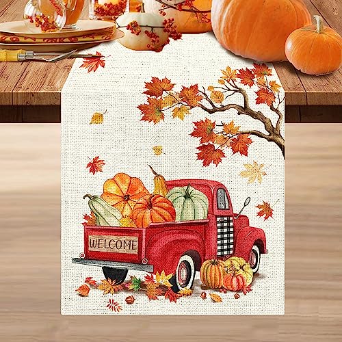 Fall Thanksgiving Table Runner 72 Inch, Red Truck Fall Decorations for Home Orange Leaves Pumpkin Thanksgiving Table Decorations for Coffee Table Dining Room Kitchen Entryway Table Top Mantle Decor