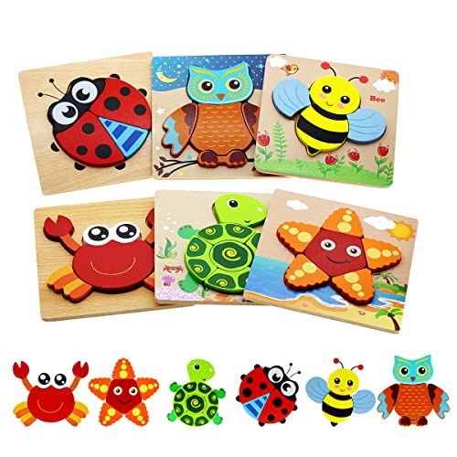 Montessori Toys for 1 2 3 Year Old Boys Girls Wooden Toddler Puzzles Kids Infant Baby Educational Learning Toys for Toddlers 1-3 Gifts 6 Animal Shape Jigsaw Eco Friendly Travel STEM Building Toy Games