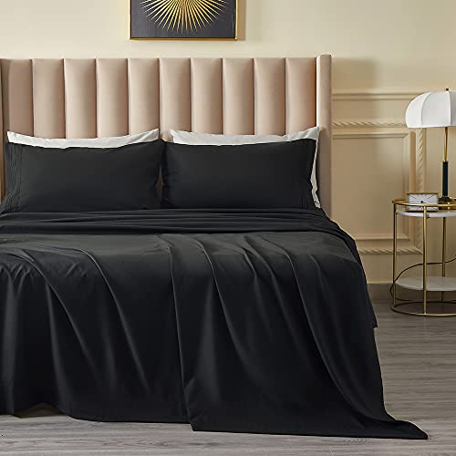 DERBELL Bed Sheet Set - Brushed Microfiber Bedding - Wrinkle, Fade-Hotel Sheet- Deep Pockets - Easy Fit - Breathable & Cooling Sheets- 4 Piece(Queen,Black)