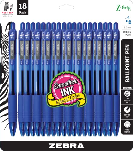 Zebra Pen Z-Grip Retractable Ballpoint Pen, Medium Point, Blue Ink, 18-Pack, Model Number: 22258