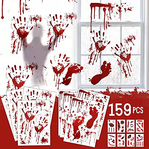 159 PCS Halloween Decorations, 8 Sheets Terror Bloody Handprint Footprint Window Stickers, 8 Sheets Tattoo Stickers, Halloween Party Indoor_Outdoor Decoration,Spooky Wall Decal and Floor Stickers