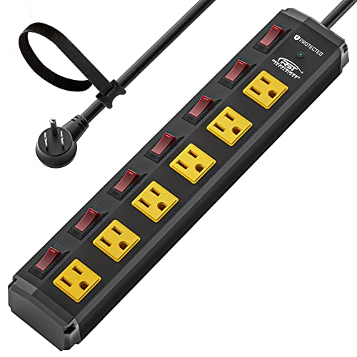 CRST 6 Outlet Heavy Duty Power Strip with Individual Switches, 15A_1875W Moutable Metal Power Strip Surge Protector with Circuit Breaker (1200 Joules), 6 FT 14AWG Extension Cord