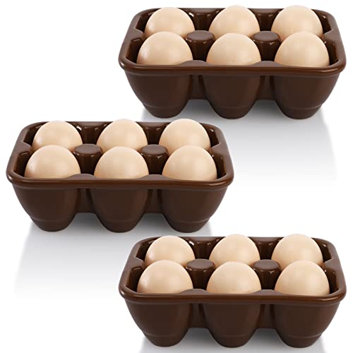 AVLA 3 Pack Egg Tray Holders, Ceramic 6 Cup Egg Container, Half Dozen Egg Keeper Storage for Countertop Fridge, Fresh Egg Organizer Serving Dish Serveware for Kitchen, Brown