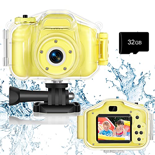 Agoigo Kids Waterproof Camera Christmas Birthday Festival Gifts for Boys Girls Age 3-9, Mini Digital Cameras for Children, Portable Toddler Toys for 3 4 5 6 7 8 9 Years Old with 32GB Card (Yellow)