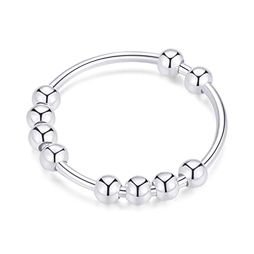 Jacruces 925 Sterling Silver Anxiety Ring for Women Men Fidget Rings for Anxiety Anxiety Ring with Beads Spinner Ring for Anxiety Spinning Ring Size 6.5