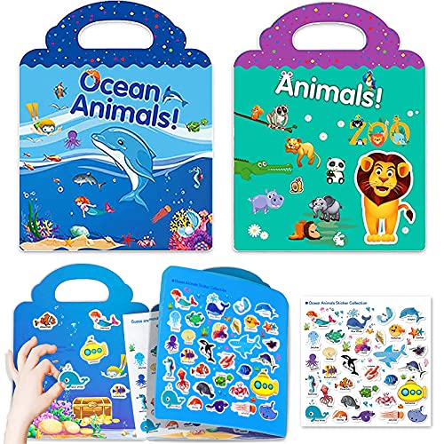 Reusable Sticker Books for Kids, 2 Sets Travel Removable Toddler Sticker Books for 2 3 4 5 Year Old Girls Boys Birthday Gifts Educational Learning Toys for Age 2-4 - Ocean & Zoo Animals