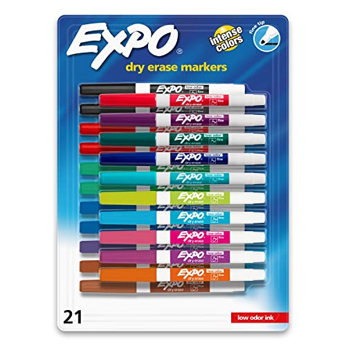 EXPO Dry Erase Markers, Whiteboard Markers with Low Odor Ink, Fine Tip, Assorted Vibrant Colors, 21 Count