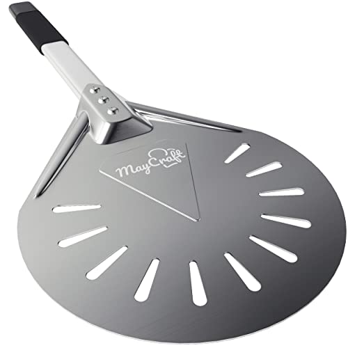 MayCraft 8 inch Pizza Turning Peel – 23.5” Long Pizza Turning Peel w_ Silicone Grip – Perforated Turning Pizza Peel – Easy Assemble Metal Pizza Peel – Pizza Turner Peel for Home and Professional Use