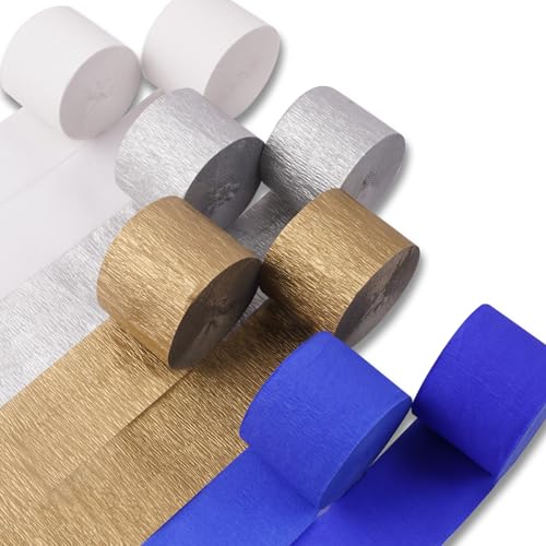 PartyWoo Crepe Paper Streamers 8 Rolls 656ft, Pack of Metallic Gold, Navy, Silver and White Party Streamers for Birthday Decorations, Party Decorations, Hanukkah Decorations (1.8 Inch x 82 Ft_Roll)