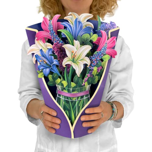 Freshcut Paper Pop Up Cards, Paper Flower Bouquet 3D Popup Greeting Cards with Note Card & Envelope, Birthday Card, Anniversary Card, Get Well Gifts for Women, 12" Lillies and Lupines