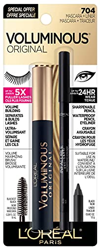 L’Oréal Paris Voluminous Original Volume Building Mascara and Infallible Eyeliner, Builds eye lashes up to 5X natural thickness, Smudge Free, Clump Free, Black, 1 kit