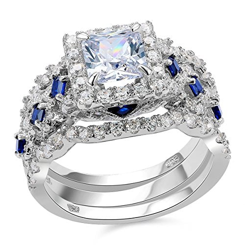 Newshe Engagement Wedding Ring Set 925 Sterling Silver 3pcs 2.5ct Princess White Cz Blue Size 4