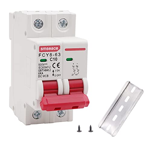 smseace DC Miniature Circuit Breaker, 10A 2P 500V Low Voltage DIN Rail Mounted Miniature Air Circuit Breaker, Suitable for Solar Panels Grid System.FCY8-63-C10-2P