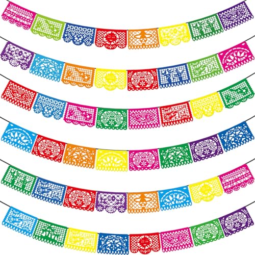 Asoulin 6 PCS 90 Ft Fiesta Party Decorations Mexican Party Banners, Cinco De Mayo Mexico Decor Easter Banner, Plastic Papel Picado, Dia De Los Muertos, Day of The Dead Decor, 12 Patterns_90 Feet Total