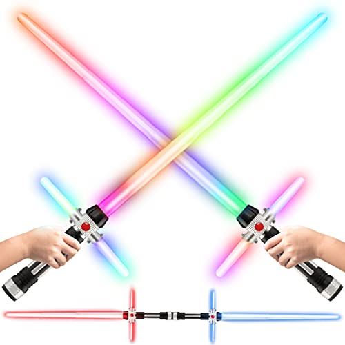 USA Toyz Crossbeam Galaxy Light Up Sword for Kids or Adults - 2-in-1 Dual Light Swords Set with FX Sound, 6 Color-Changing LEDs, Motion Sensitive, Retractable, Double-Sided Expandable LED Toy Saber