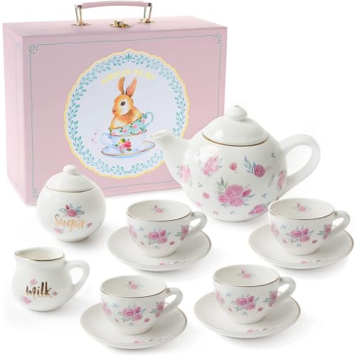 Jewelkeeper Tea Set for Little Girls - 13 pcs. Porcelain Tea Set for Kids Tea Time Includes Teapot, 4 Tea Cup and Saucers, Creamer and Sugar Bowl. Floral Design with Pink Roses Tea Party Set