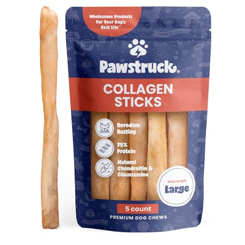 Pawstruck Natural Large 12" Beef Collagen Sticks for Dogs - Healthy Long Lasting Alternative to Traditional Rawhide - High Protein Treats w_Chondroitin & Glucosamine - 5 Count - Packaging May Vary