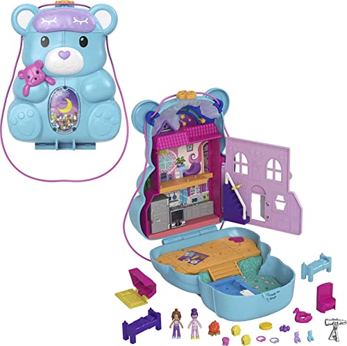 Polly Pocket 2-In-1 Travel Toy, 2 Micro Dolls and 16 Accessories, Teddy Bear Purse Playset with Sleepover Theme