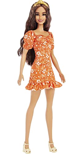 Barbie Fashionistas Doll, Long Wavy Brunette Hair, Headband, Orange Floral Print Dress with Ruffle Details & Heels, Toy for Kids 3 to 8 Years Old