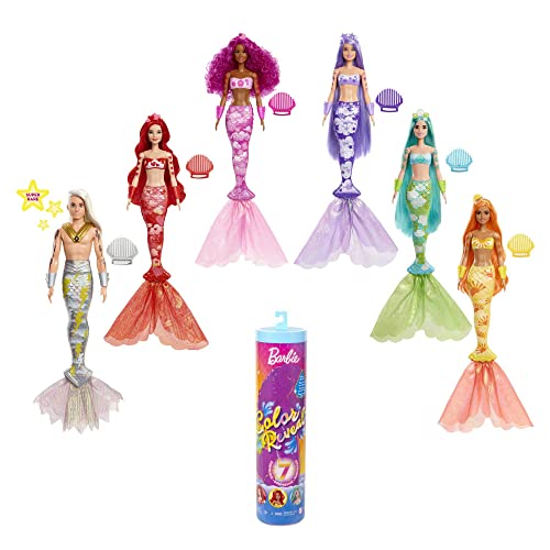 Barbie Color Reveal Doll & Accessories, Rainbow Mermaid Series, 7 Surprises, 1 Mermaid Barbie Doll (Styles May Vary)