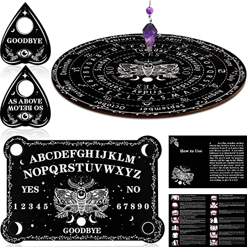 Pendulum Dowsing Divination Board with Amethyst Set Metaphysical Message Ouija Board Crystal Pendulum Necklace Wooden Spirit Board Talking Board with Planchette for Wiccan Supply (Moth Style)