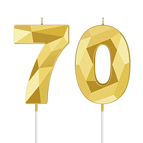 70th Birthday Candles, 3D Diamond Shape Number 70 Candles Happy Birthday Cake Topper Numeral Candles for Birthday Wedding Decoration Reunions Theme Party (Gold)