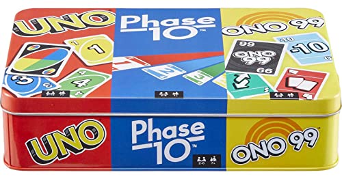 Mattel Games Set of 3 Games with UNO, Phase 10 & ONO 99, Travel Games for Kids & Family Night with Storage Tin Box (Amazon Exclusive)