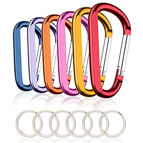 6PCS Carabiner Caribeaner Clip,3" Large Aluminum D Ring Shape Carabeaner with 6PCS Keyring Keychain Hook (Orange+Red+Yellow+Navy+Pink+Pale Purple)