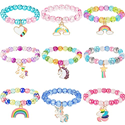 Hicarer 9 Pieces Unicorn Girls Bracelets Little Girls Rainbow Bracelets Princess Colorful Cute Beaded Bracelet for Gift Goodie Bag Stuffers Birthday Party Favors Costume Jewelry