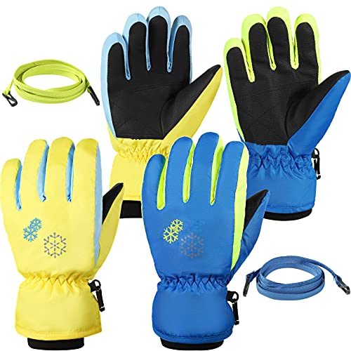 2 Pairs Kids Winter Gloves Windproof Waterproof Gloves Warm Ski Gloves Outdoor Snow Gloves Unisex Mittens for Cold Weather (Yellow, Blue, Medium)