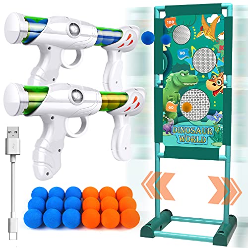 Kaufam Gun Toy Gift for Boys Age of 4 5 6 7 8 9 10 10+ Years Old Kids Girls for Birthday with Moving Shooting Target 2 Blaster Gun and 18 Foam Balls Compatible with Nerf Guns (Dinosaur)