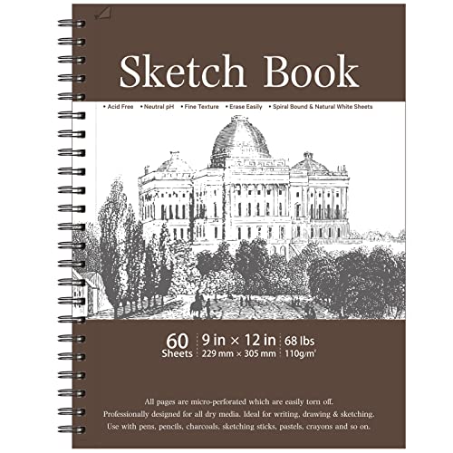 Sketch Book - 60 Sheets Sketch Pad, 9" x 12", Spiral Bound Sketch Book, 68 lb_110g Durable Acid Free Drawing Paper, Hardcover, Double Sided Texture Art Paper for Kids, Teens, Adults