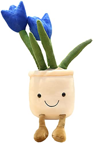 WUZHOU Tulip Plush Toy, 13.7" Flower Pot Stuffed Plushie Pillow Decoration, Soft Fluffy Toy Succulent Plants Friend Throw Pillow, Multicolor (Blue-Tulip)