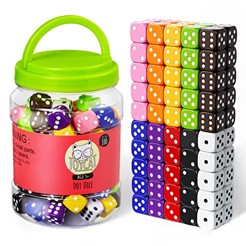 JoyCat 16mm 6 Sided Dice Set Standard Game Dice Kids for Board Games Dice Games Math Dice for Classroom with Storage Bucket (100, Opaque)