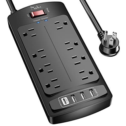 Surge Protector Power Strip - Nuetsa Flat Plug Extension Cord with 8 Outlets and 4 USB Ports, 6 Feet Power Cord (1625W_13A), 2700 Joules, ETL Listed, Black