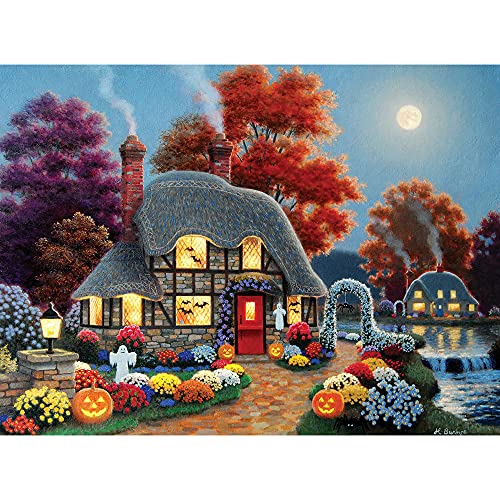 Bits and Pieces - 300 Piece Jigsaw Puzzle for Adults 18" x 24" - Halloween Cottage - 300 pc Autumn Fall House Bats Pumpkin Garden Moon Night Jigsaw by Artist Heather Burns