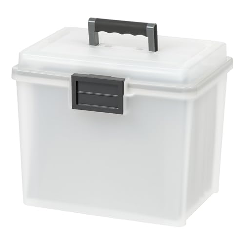 IRIS USA File Box WeatherPro Portable File Organizer Plastic File Box for Letter File w_ Organizer-Lid, Durable Lid and Seal w_ Secure Latching Buckles, Stackable and Nestable, Pearl 19 Qt. 1 Pack