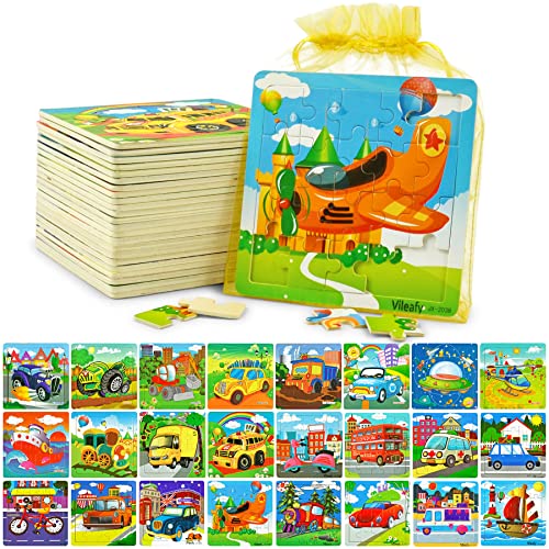 Vileafy 24Pack Small Kids Puzzles - Wooden Preschool Jigsaw Puzzles Party Favors with Organize Bags for Children Learning - Travel Puzzles for Boys and Girls (Vehicles + Transportation)