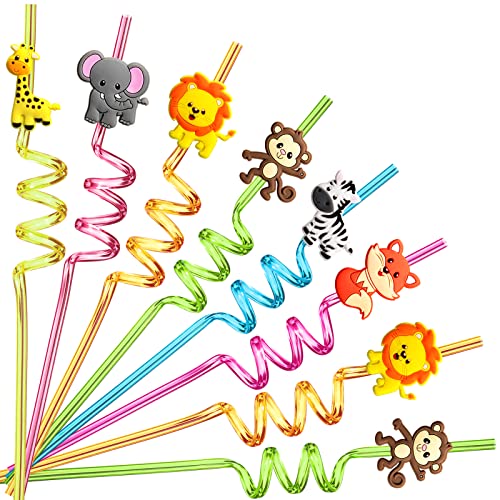 24 Reusable Jungle Animal Plastic Straws for Lion Fox Zebra Giraffe Safari Birthday Party Supplies Favors,Woodland Party Gift Favors with 2 Cleaning Brushes