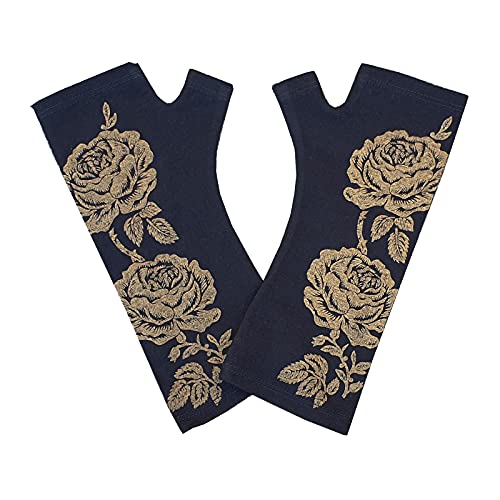 Black Rose 100zz Merino Wool Fingerless Gloves, Hand Printed with Metallic Gold Floral, Designed by Kate Watts, Made in New Zealand